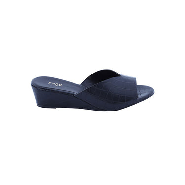 FYOR Croc Textured Asymmetric Strap Low Wedge Slide in Black #color_black