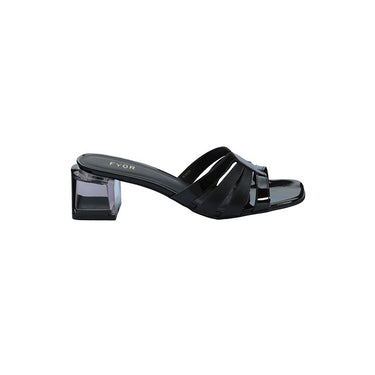 FYOR Glossy Multi Strap Square Toe Block Heel Mule in Black #color_black
