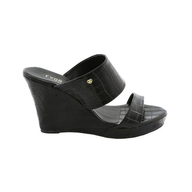 FYOR Croc Textured Double Strap Platform Wedge in Black #color_black