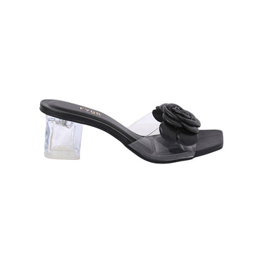 FYOR Rose Flower Clear Strap Block Heel Mule in Black #color_black