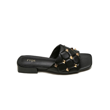 FYOR Quilted Studded Square Toe Flat Slide Sandal in Black #color_black
