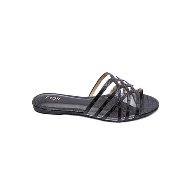 FYOR Glossy Multi Strap Flat Slide Sandal in Black #color_black