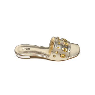 FYOR Jewel Embellished Square Toe Flat Slide Sandal in Gold #color_gold