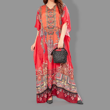 Woven Long Kaftan V-Neck with belt of polyester crape with crystals MIF0020