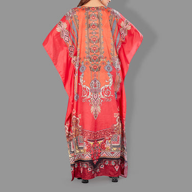 Woven Long Kaftan V-Neck with belt of polyester crape with crystals MIF0020