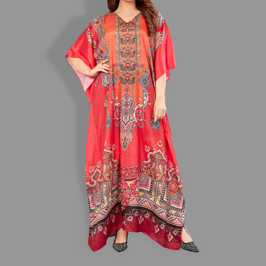Woven Long Kaftan V-Neck with belt of polyester crape with crystals MIF0020