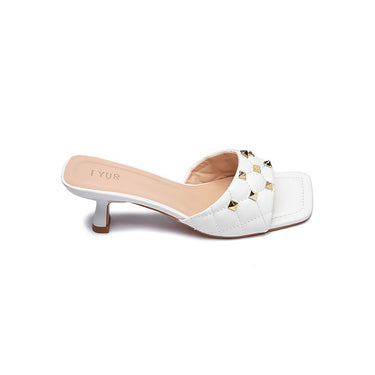 FYOR Quilted Studded Square Toe Kitten Heel Mule in White #color_white