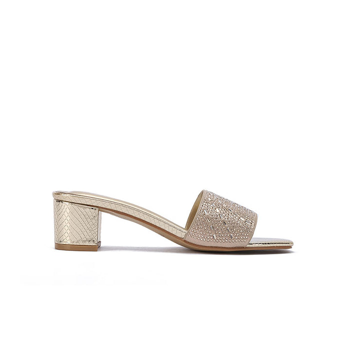 Textured Crystal Square-Toe Design Block Heels HL 302