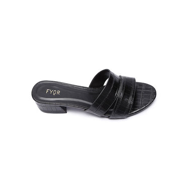 FYOR Croc Textured Double Strap Block Heel Slide in Black #color_black