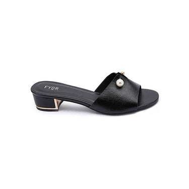 FYOR Pearl Detail Croc Textured Block Heel Slide in Black #color_black